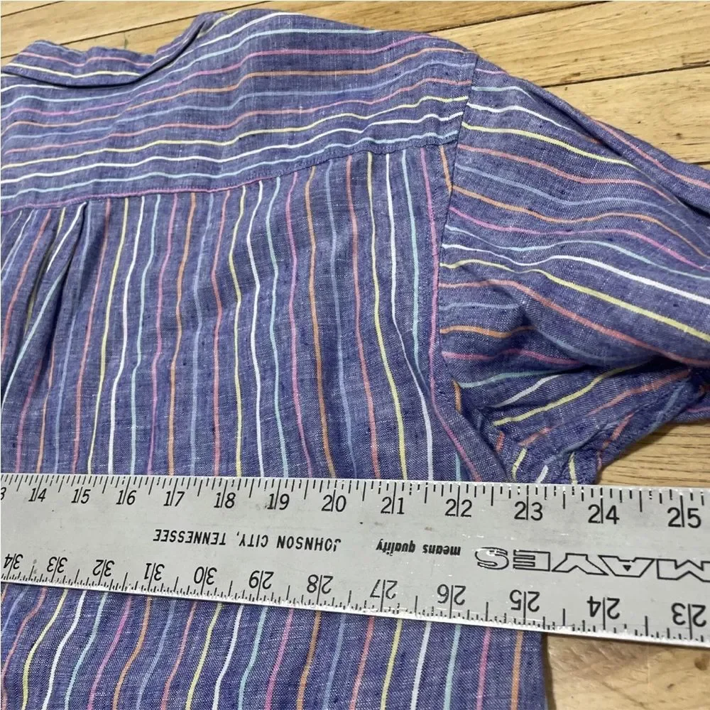 LANDS' END Linen Button Shirt Men L Traditional Fit Blue Vertical Stripe Rainbow
